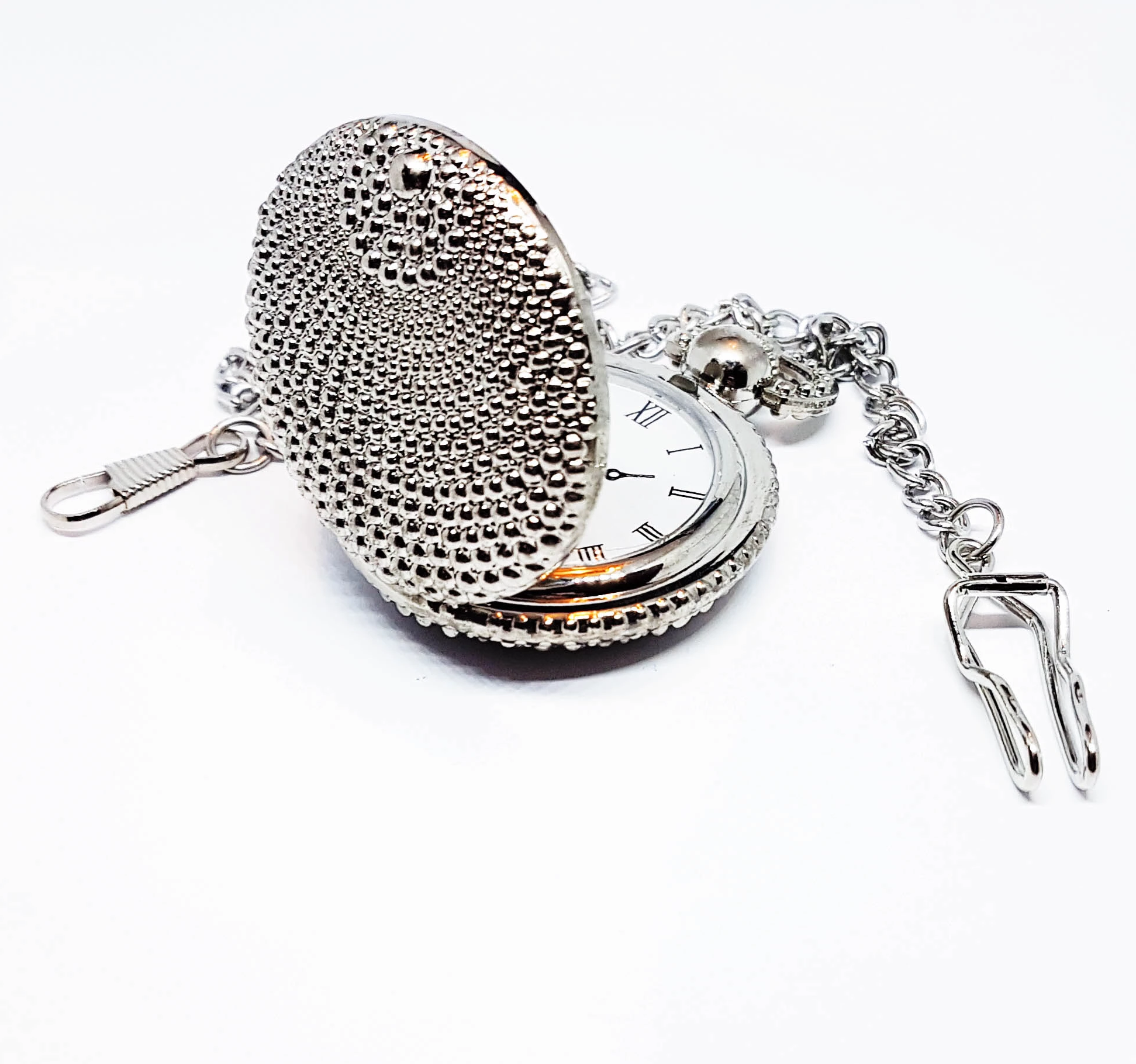 20180204_004543.png Textured Silver-tone Vintage Pocket Watch | Roman Numerals Watch - Image 1