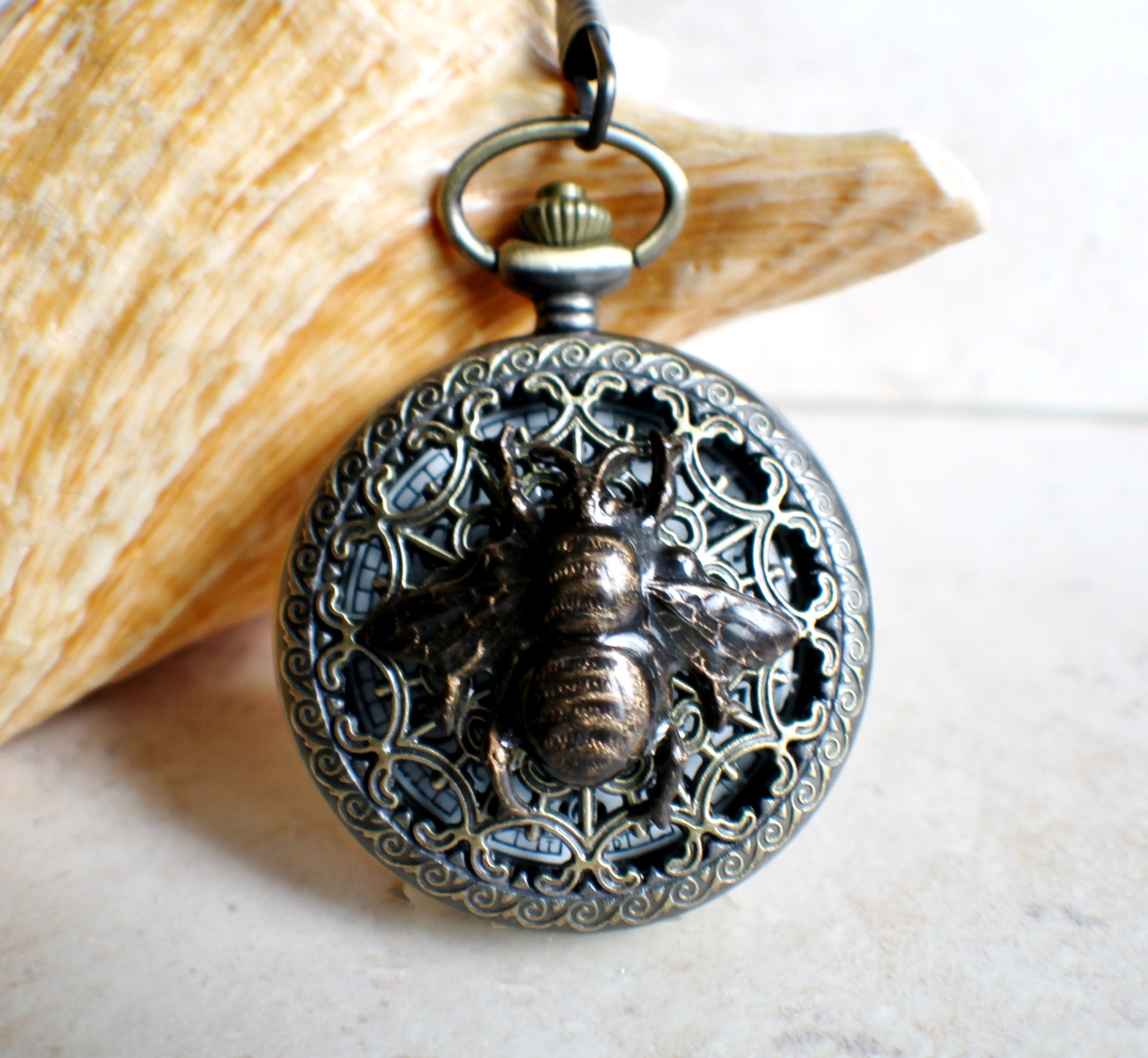 IMG_2399.jpg Bumble bee pocket watch, men's bumble bee pocket watch with tiger eye beads on watch chain - Image 1