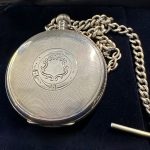ENGLISH STERLING SILVER VERTEX POCKET WATCH & CHAIN - Image 2