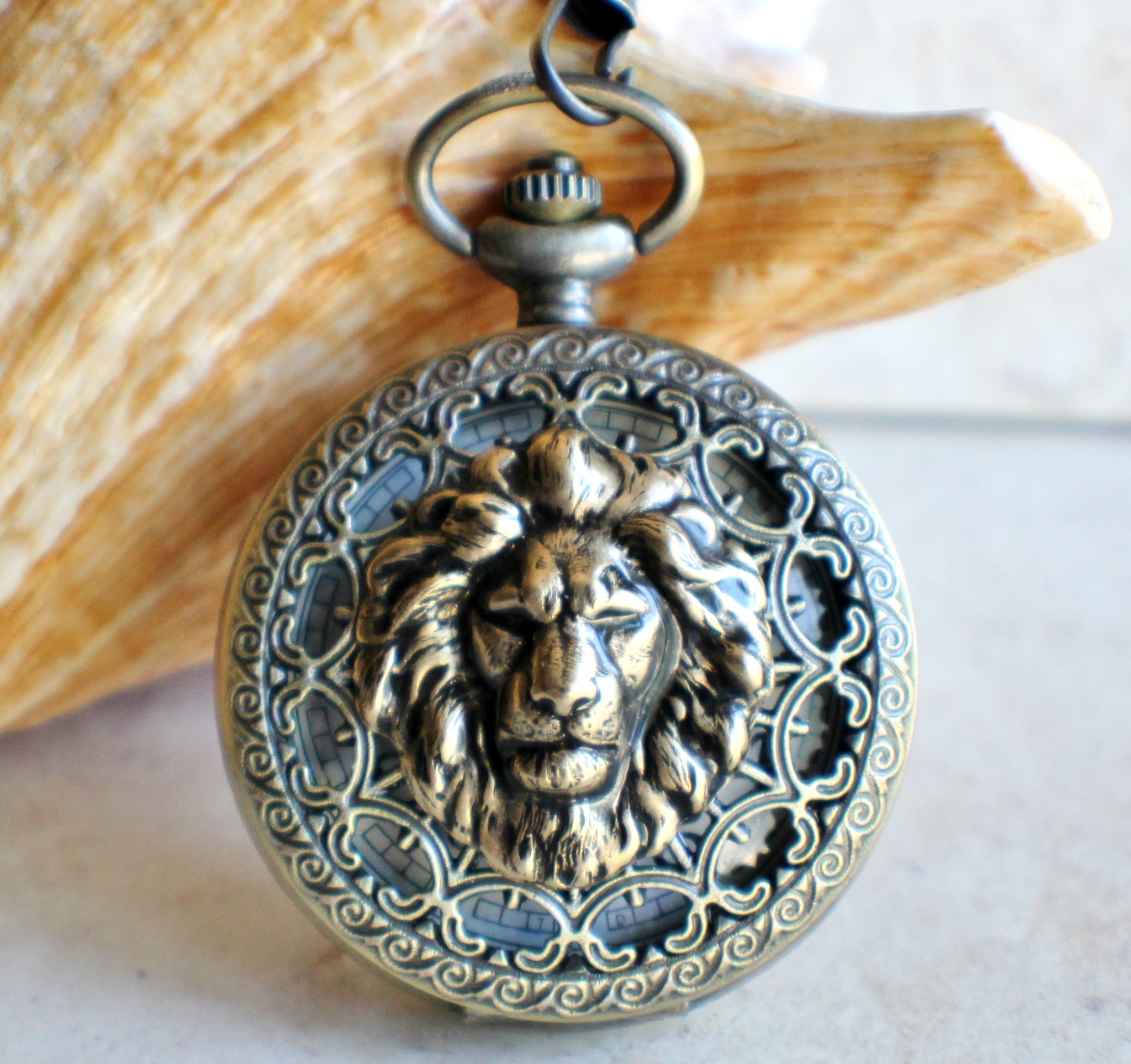 IMG_3181_590c03fb-7b6f-4818-b756-437b9d068ea2.jpg Lion Head Mechanical Pocket Watch in Bronze - Image 1