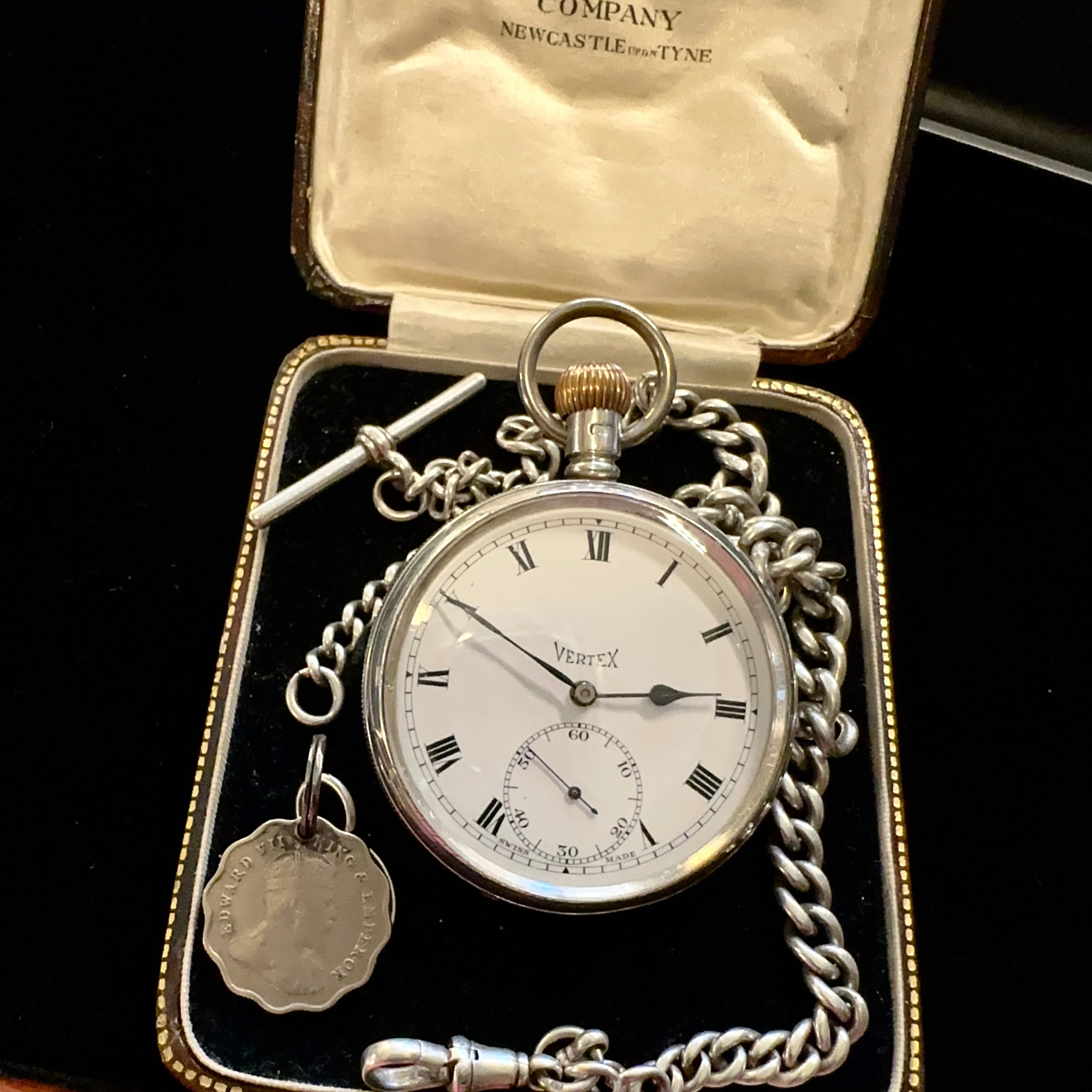 IMG_3194.jpg ENGLISH STERLING SILVER VERTEX POCKET WATCH & CHAIN - Image 1