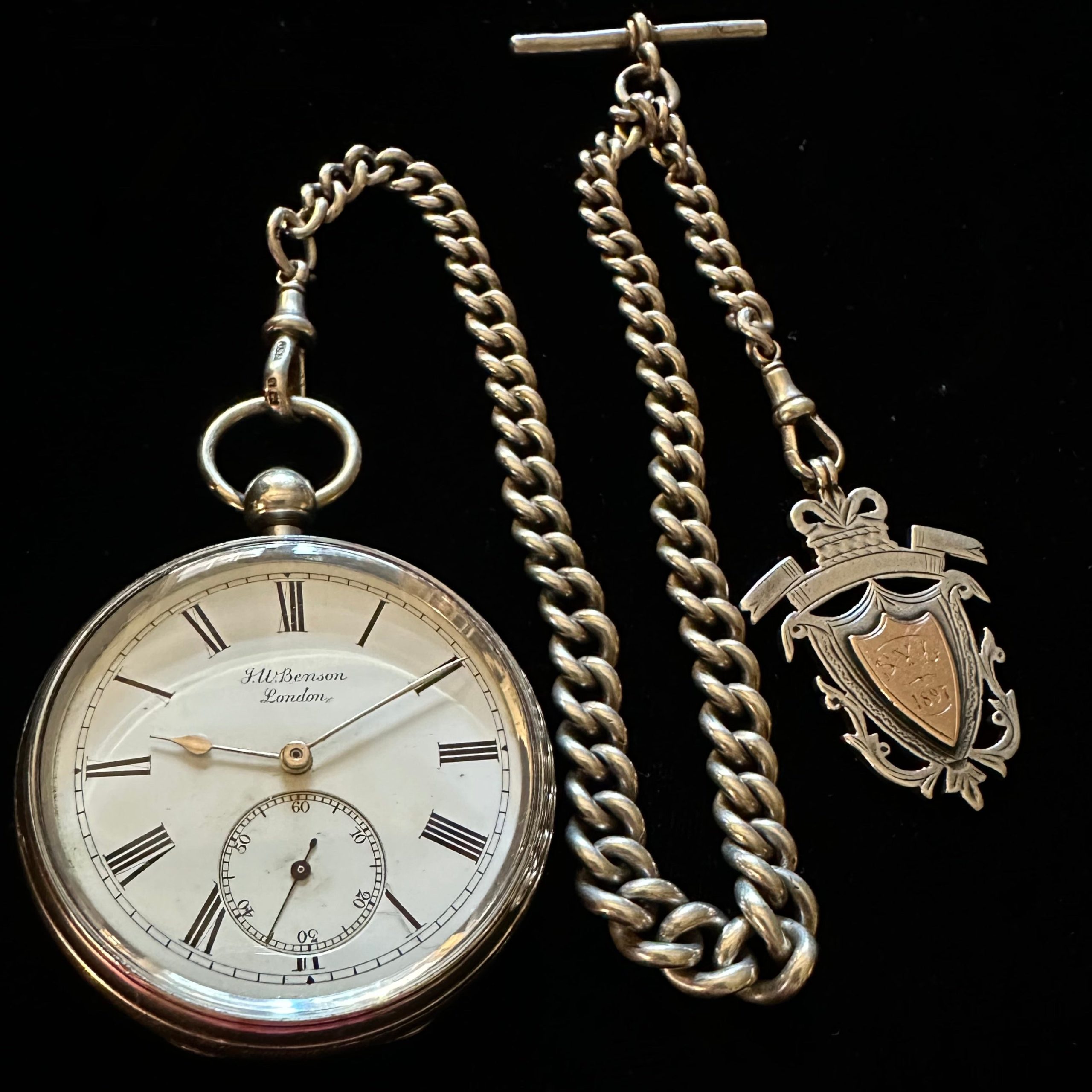 IMG_3563.jpg J W BENSON SILVER POCKET WATCH & CHAIN / FOB - Image 1