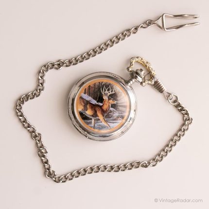 Vintage Stag Pocket Watch | Silver-tone Nature Pocket Watch