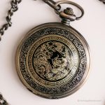 Vintage Dragon Pocket Watch | Gold-tone Vest Watch with Black Details