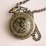 Vintage Gold-tone Dragon Pocket Watch | Intricate Floral Vest Watch