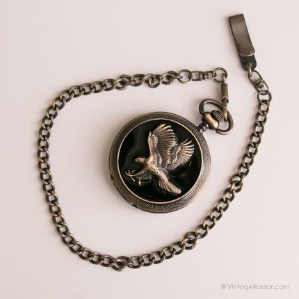 Vintage Eagle Pocket Watch | Dark Silver-tone Vest Watch with Black Dial