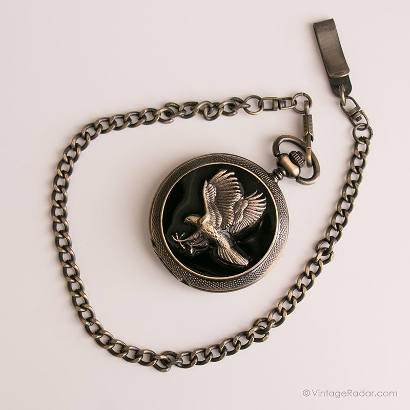 IMG_8525_8f15cea4-b710-4c30-a472-627395cc1004.jpg Vintage Eagle Pocket Watch | Dark Silver-tone Vest Watch with Black Dial - Image 1