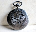 Silver dragon pocket watch, men's black pocket watch with silver dragon. - Image 4