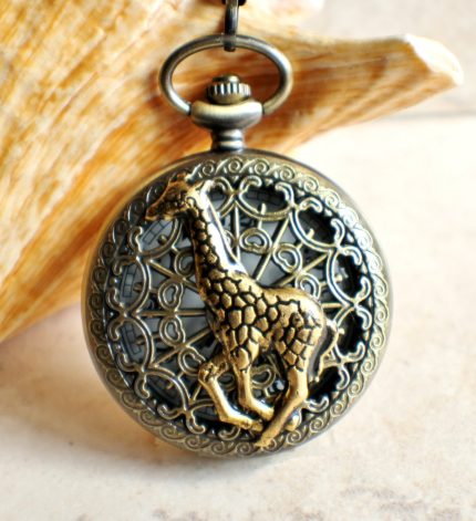 Giraffe battery operated pocket watch in bronze.