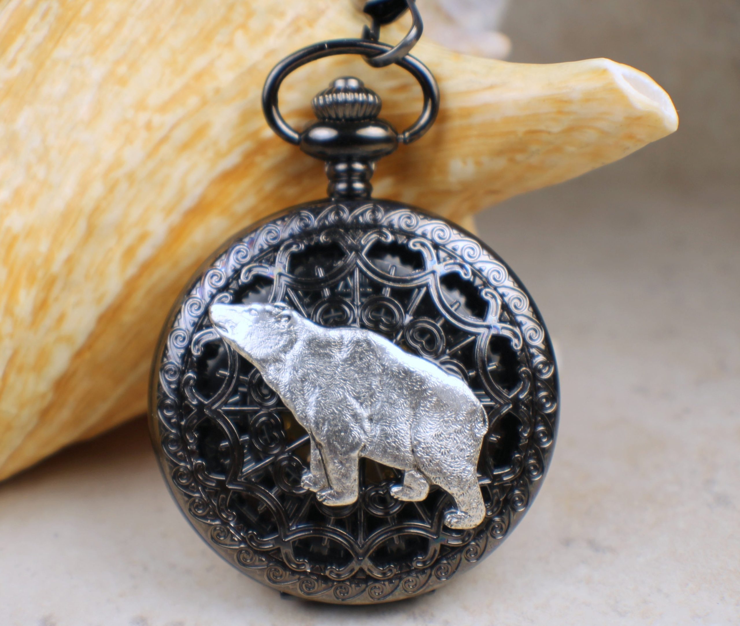il_fullxfull.1308976754_57vr.jpg Silver Bear Black Pocket Watch - Image 1