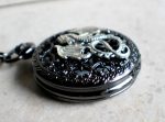 Silver dragon pocket watch, men's black pocket watch with silver dragon. - Image 2