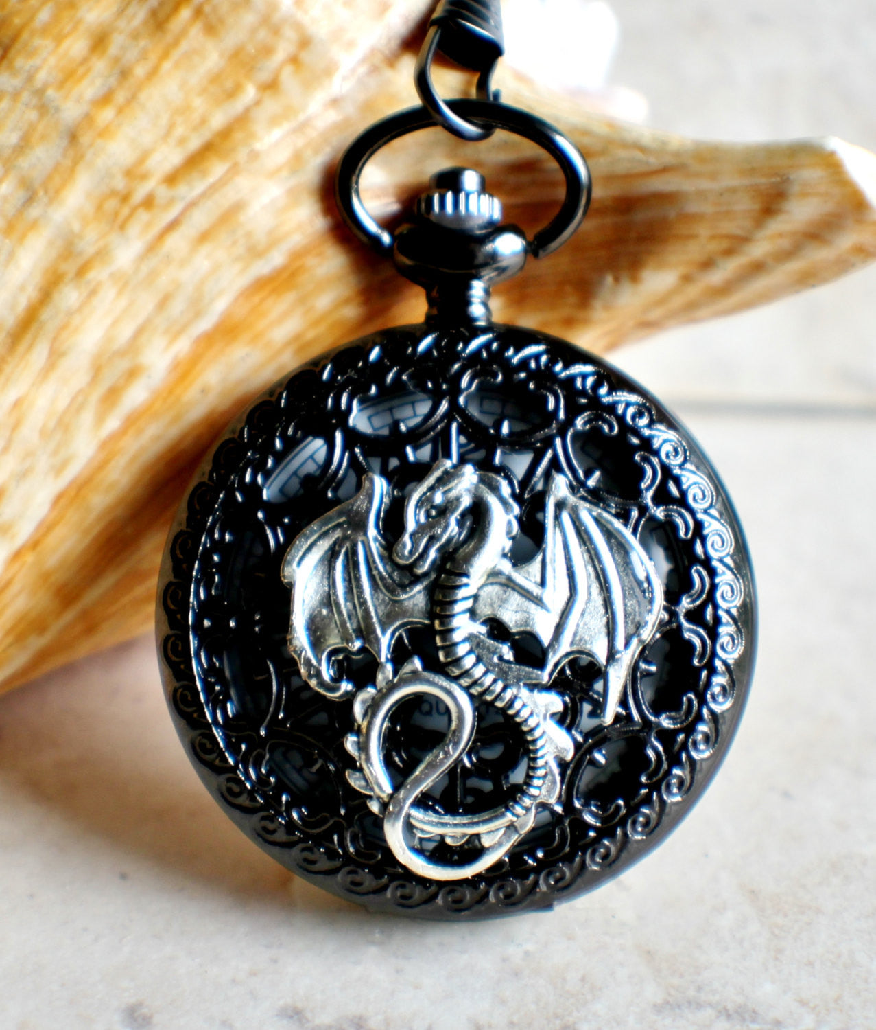 il_fullxfull.966398636_qkxb.jpeg Silver dragon pocket watch, men's black pocket watch with silver dragon. - Image 1