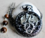 Silver dragon pocket watch, men's black pocket watch with silver dragon. - Image 3